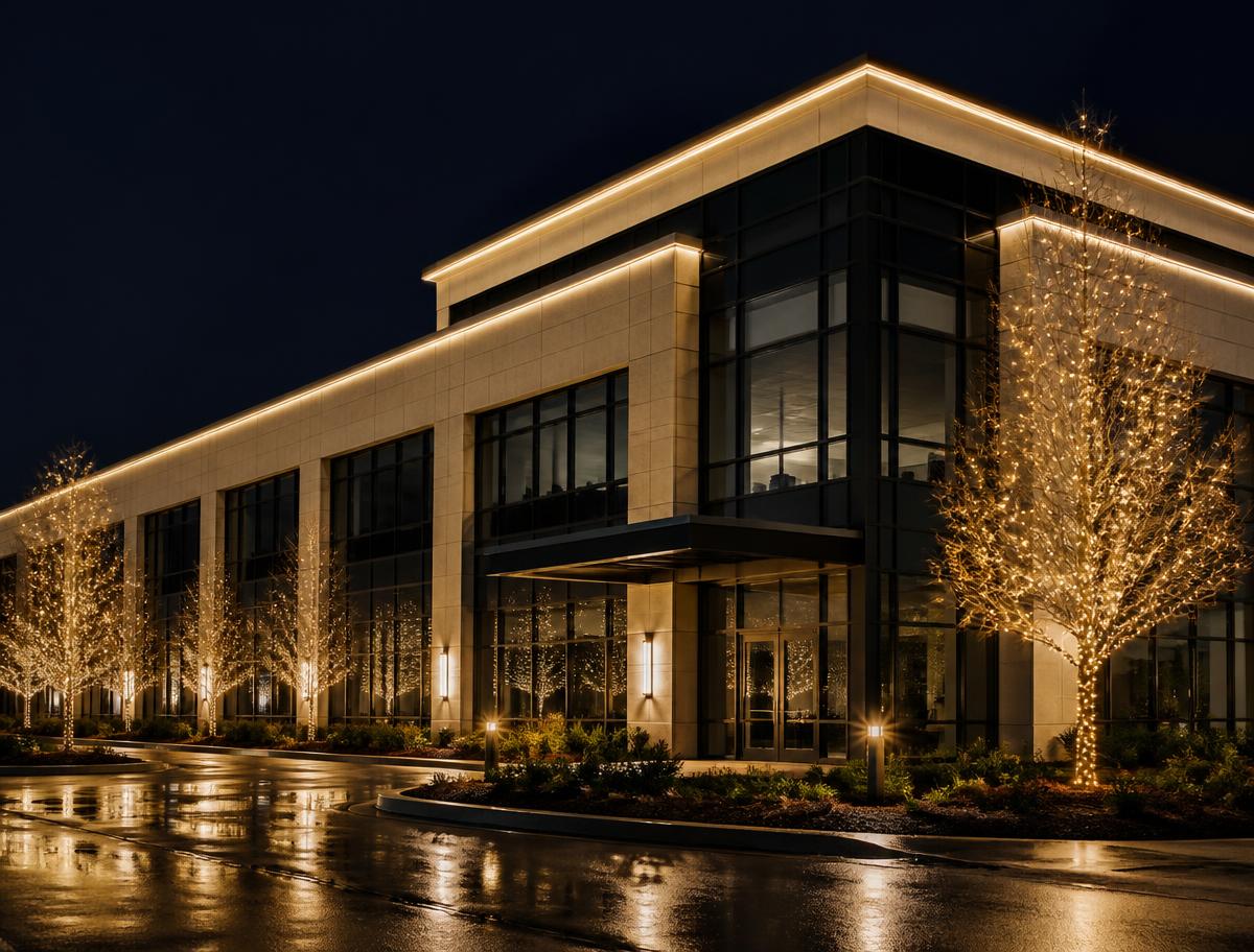 Commercial building at night with professionally installed holiday lighting