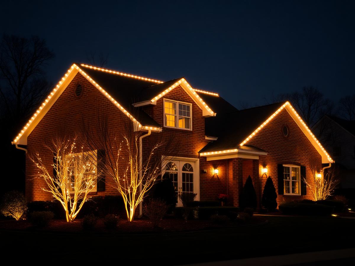 Residential home with warm white holiday lights along the roofline
